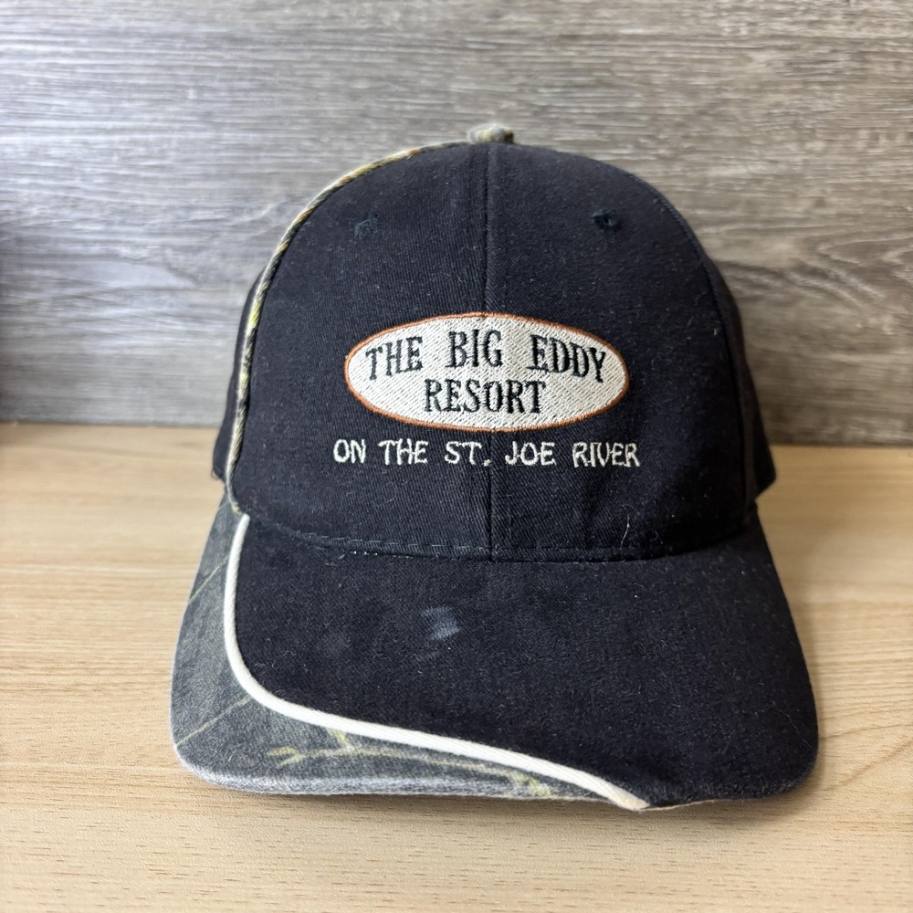 Big Eddy Resort Hat Cap Strap Back Black Camo Embroidered Fishing Mens Outdoor